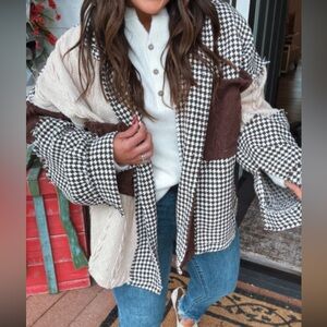 Pol patchwork button up shacket, size Large